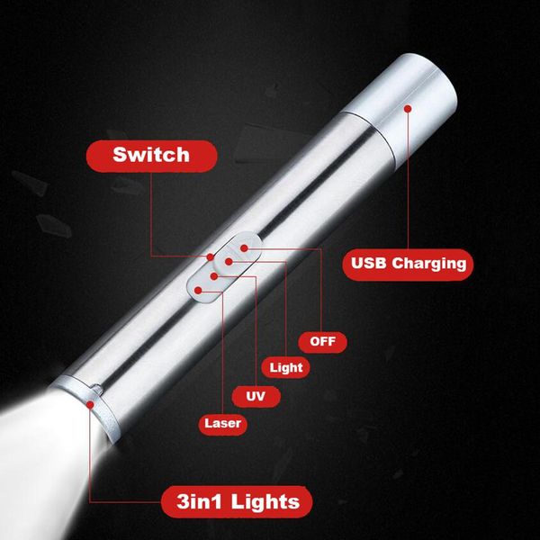 

светодиодный мини-фонарик xpe uv res laser 3in1 портативный факел открытый водонепроницаемый водонепроницаемый встроенный аккумулятор usb ак