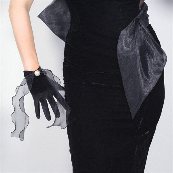 

five fingers gloves black velour short 22cm transparent wave mesh snow yarn ribbon three-dimensional big pearl female wsr18, Blue;gray