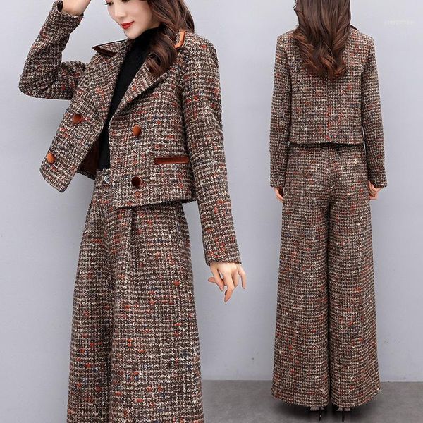 

2021 spring autumn 2 piece sets outfit women short blazer jacket coat and wide lef pant suits korean office work trouser suite1, White