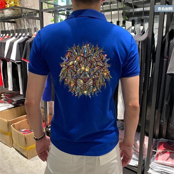 

2021 new drill brand solid stand collar polo casual summer short-sleeve camisa slim fit men shirt rhinestones 3ixo, White;black