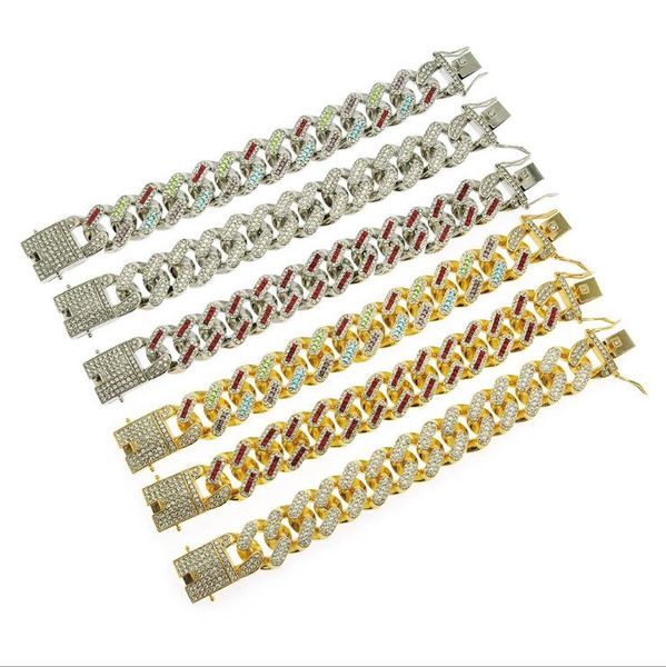 

european and american hip hop inlaid rhinestone men's cool tennis bracelet hiphop miami cuban bracelet for men women width 22mm, Golden;silver