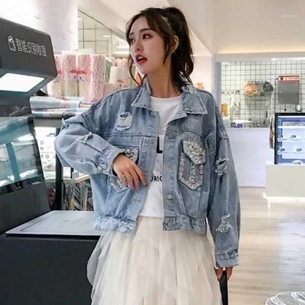 

fashion beading sequins pocket women denim jacket 2019 new streetwear korean short frayed holes jeans coat spring basic outwear1, Black;brown