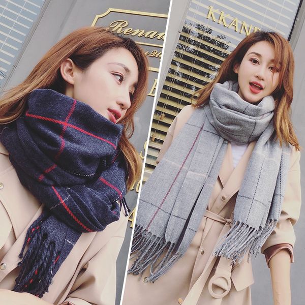 

vipstudents korean warm plaid scarf for women autumn and winter versatile shawl ins fashion cute girl bib man mvp, Blue;gray