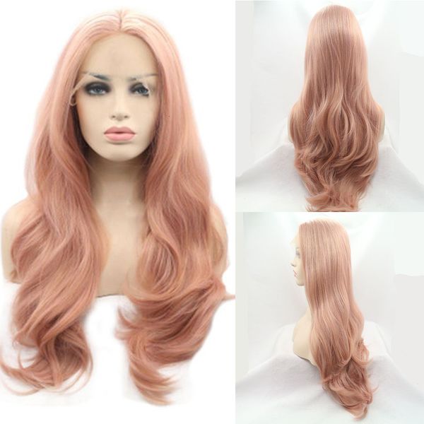 

body wave lace front synthetic wig for women with baby hair pink preplucked heat temperature cosplay wig, Black;brown