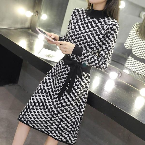 

ewq] 2020 autumn new women's knitted knee length korean long sleeve sashes turtleneck slim-fit inner plaid bottoming dress, Black;gray