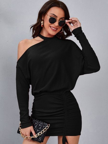 

asymmetrical neck drawstring ruched dress p5us#, Black;gray