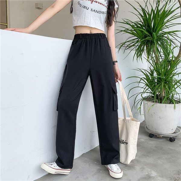 

2020 new fashion women elegant pocket wide leg drape pleated suit trouser female elastic high waist full-length cargo pants a1351, Black;white