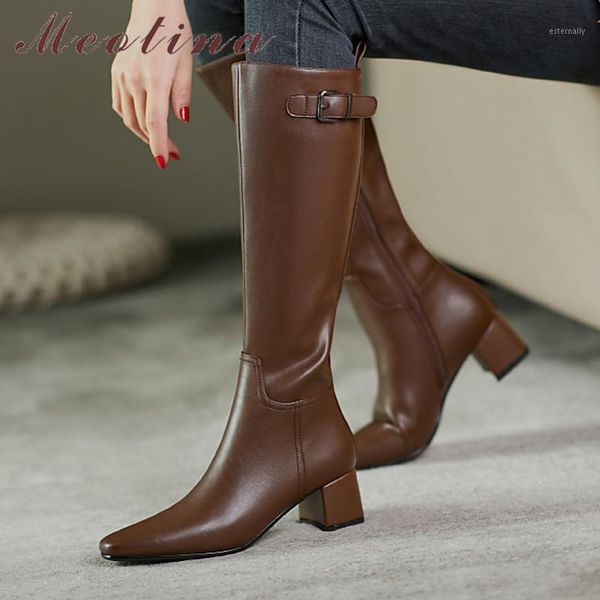 

boots meotina med heel knee high square toe woman zip block shoes buckle ladies long autumn winter brown black1, Black