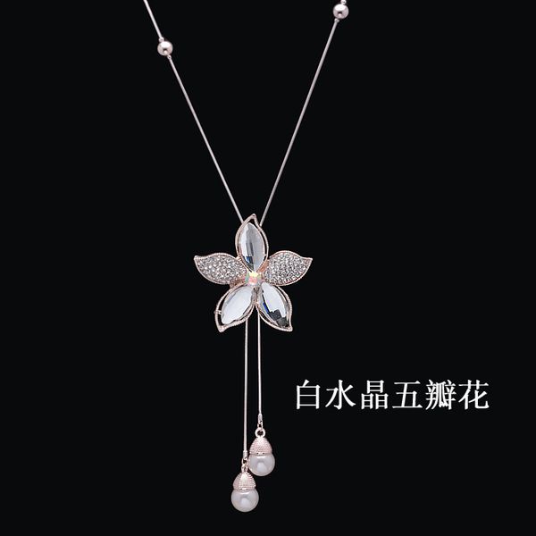 

simple atmosphere crystal flower pendant tassel sweater versatile long hanging chain autumn and winter accessories necklace jewelry, Silver