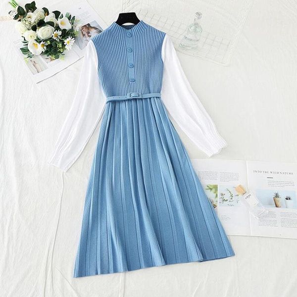 

patchwork knitted dress women 2020 new autumn winter long sleeve elegant sweater party dresses stand collar casual midi dress, Black;gray