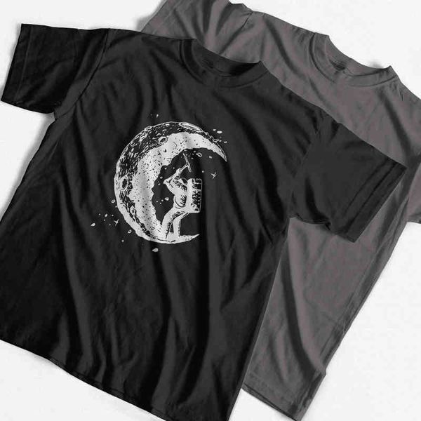 

100% cotton digging the moon print funny mens o-neck t shirts fashion men's men t-shirt cool men tshirt male men tee shirts y220214, White;black