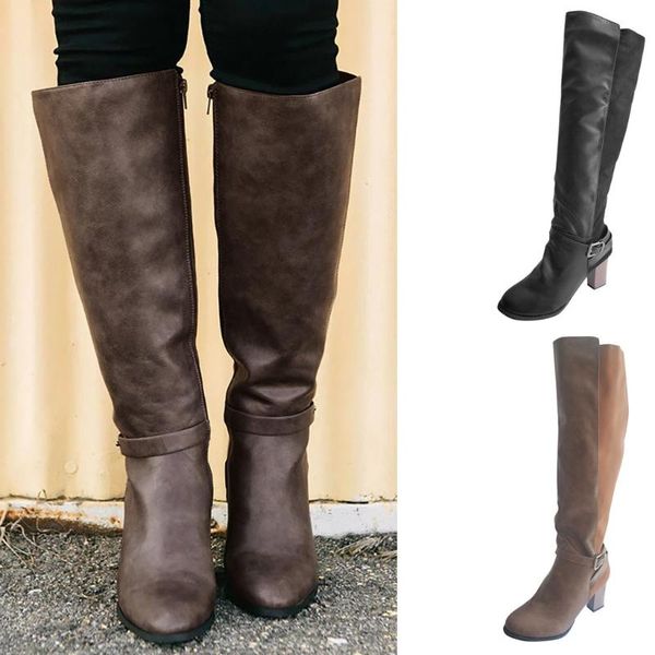 

winter boots women ladies long tube knight boots round toe leisure retro over knee square heel shoes outdoor women boot, Black