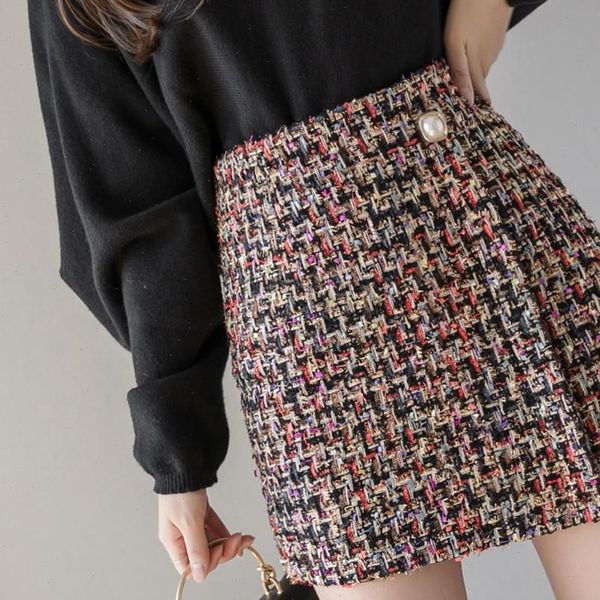 

tweed skirt for women 2020 new autumn spring korean chic asymmetry high waist skirt drop shipping, Black