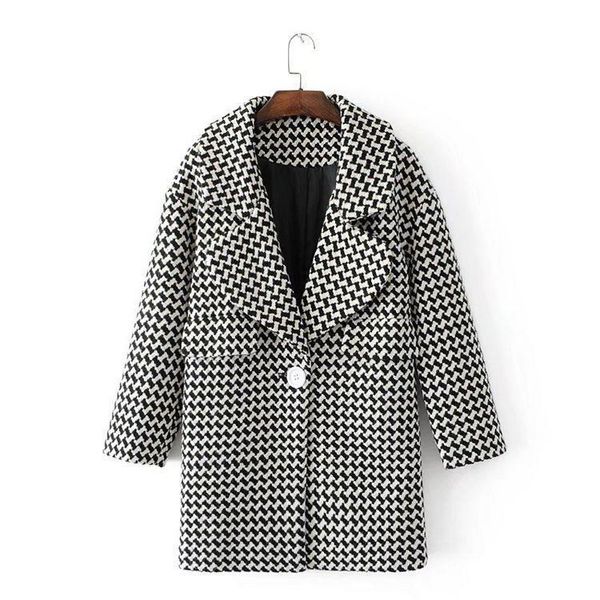 

warm long wool blend ladies coat plaid single button women's jacket turn-down collar korean womens fashion kg-861, Black