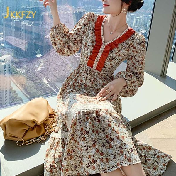 

2021 spring v neck print luxury dress women elegant long sleeve ruffles robe female office sweet frau party kleid, Black;gray