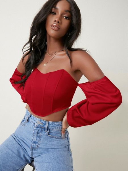 

binding trim lantern sleeve bardot e03u#, White