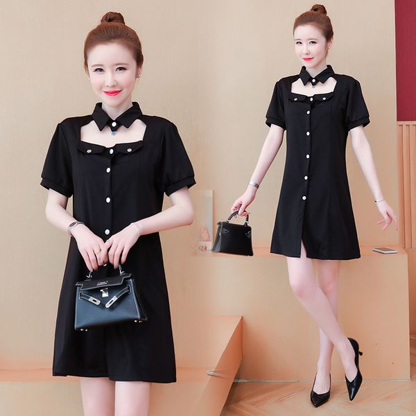 

female plus size l-4xl shirt dress black short sleeve lolita thin casual party beach women's clothes 63b0, Black;gray