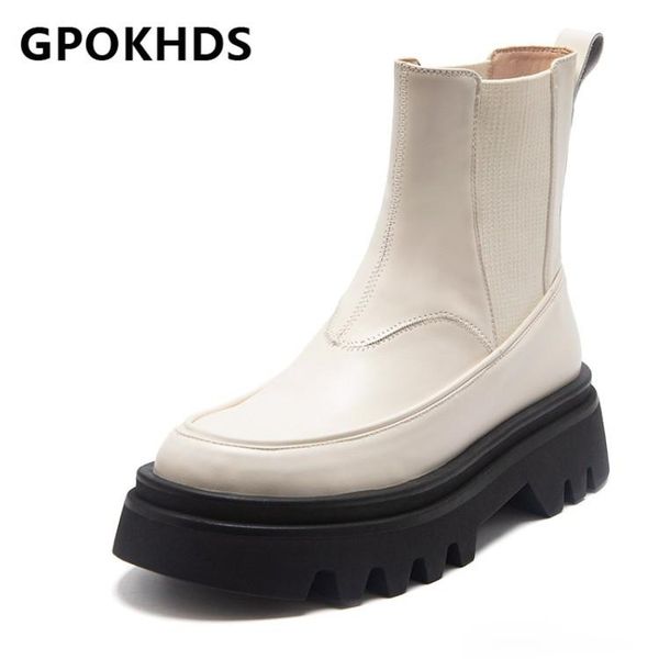 

boots gpokhds 2021 women ankle cow leather winter short plush round toe platform high heels female riding size 40, Black