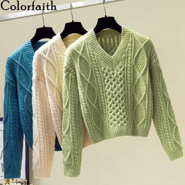 

colorfaith new 2020 autumn winter women sweaters v-neck knitting fashion korean style solid minimalist ladies female sw7161, White;black