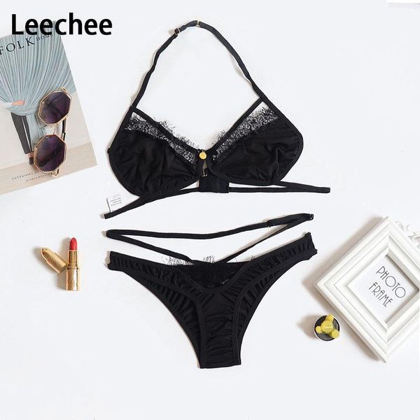 

leechee women's new transparent bra panty eyelash lace hollow out bandage underwear erotic low waist lingerie thong, Red;black