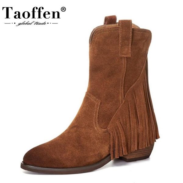 

taoffen real leather women mid calf boots pointed toe tassels zipper shoes flock winter boots women party footwear size 34-42, Black