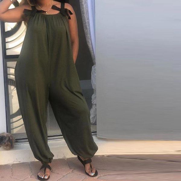

2020 new casual loose women solid color bow strap sleeveless jumpsuit long pants romper women's bib sweet wide leg romper, Black;white