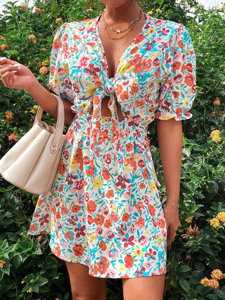 

knot front plunging neck allover floral dress l3nj#, Black;gray