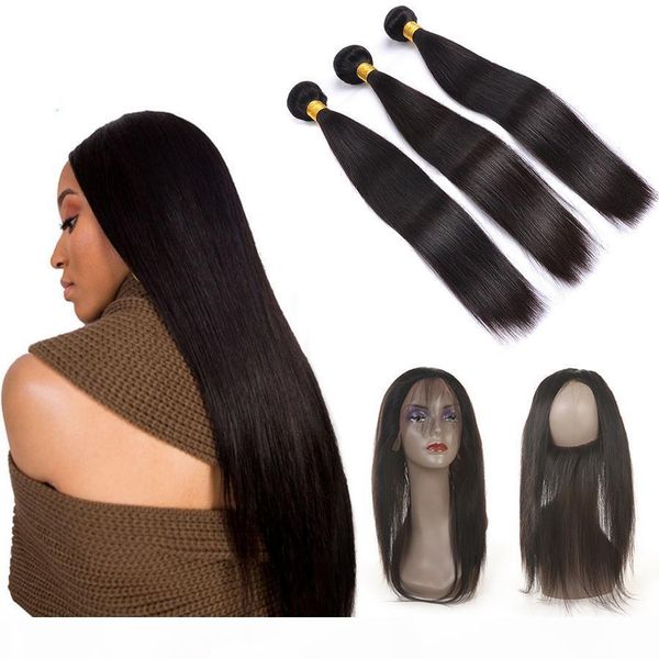 

360 lace frontal with bundles straight hair brazilian virgin hair lace frontal straight hair with 3 bundles lace band pre plucked, Black;brown