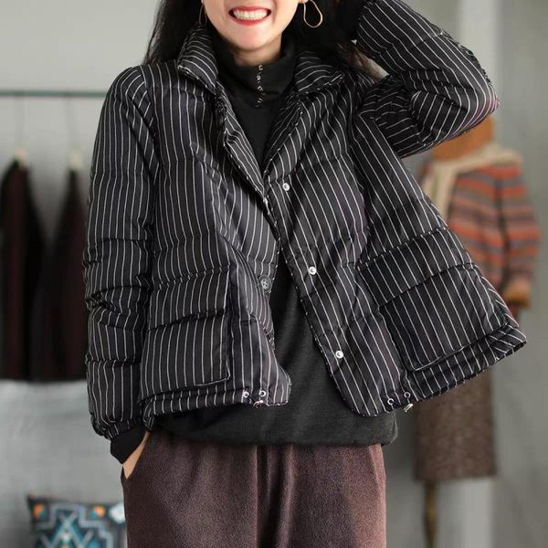 

fairynatural loose casual women striped thick down coats 2021 autumn winter simple fashion ladies white duck down jackets, Black