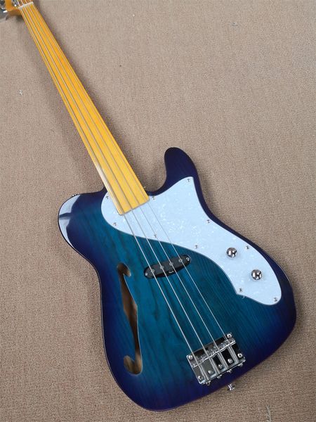 

custom classic electric bass guitar, tel bass, semi hollow blue ash wood body, fixed bridge, yellow maple neck