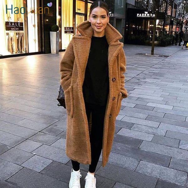

teddy coat women winter casual loose plush long teddy bear overcoat oversize fleece thick warm outwear faux fur jackets1, Black