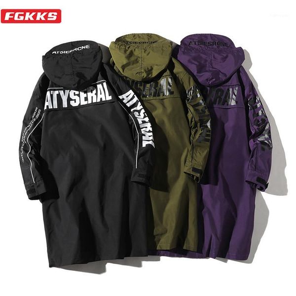 

fgkks fashion brand men trench coats spring new men's trendy wild letter print trench long section hooded male1, Tan;black