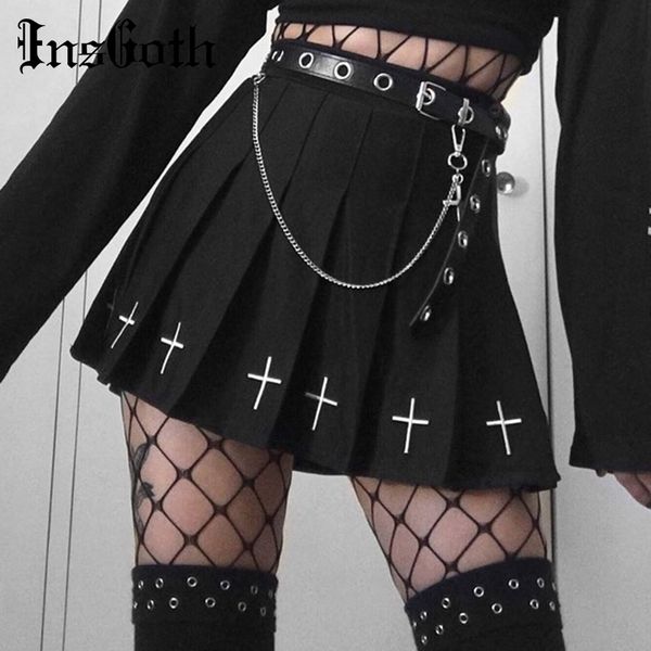 

harajuku, gothic cross print, women's high waisted skirt, Black