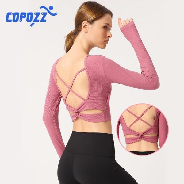 

yoga outfits copozz crop skinny shirts gym running long sleeve sportswear women sports fitness1, White;red