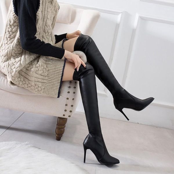 

boots stretch women 2021 autumn and winter pointed stiletto heels leather women's back zipper over the knee1, Black