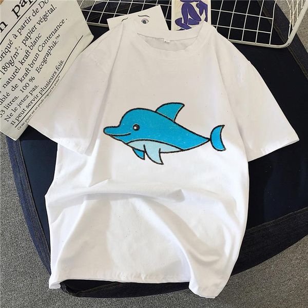 

cute cartoon dolphin print ladies t shirt summer ladies short sleeved harajuku graphic t shirt casual funny drop shipping, White