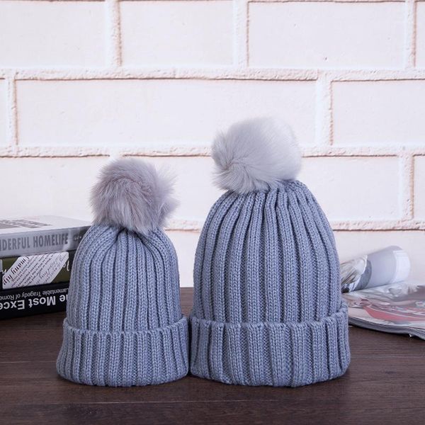 

beanie/skull caps women beanie hats mom and baby winter warm faux fur ball pom cap kids knitted wool parent-child caps1, Blue;gray