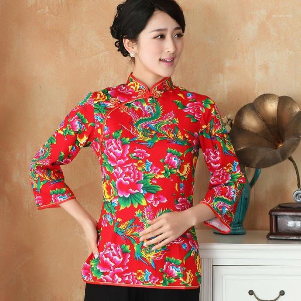 

red blue womens chinese cheongsam shirt phoenix printing qipao shirt traditional qipao blouse 3xl 4xl 5xl plus size1