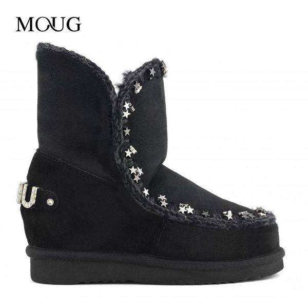 

moug winter shoes women snow boots original 5cm inner wedge metal stars handmade sheepskin platform ladies ankle boot, Black