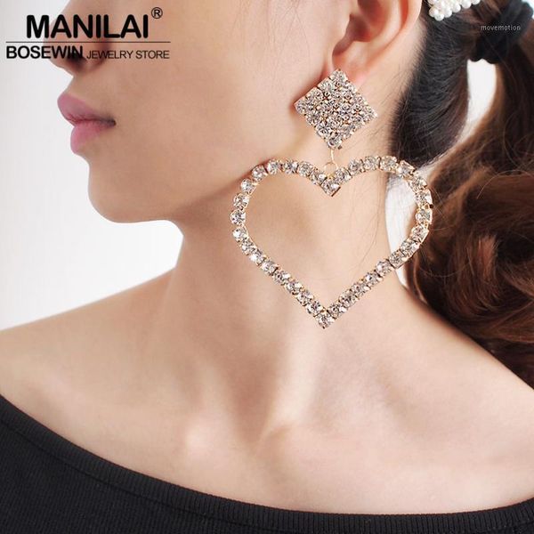 

manilai luxury crystal rhinestone drop dangle earrings heart shape big earrings women wedding bridal accessories 20201, Silver