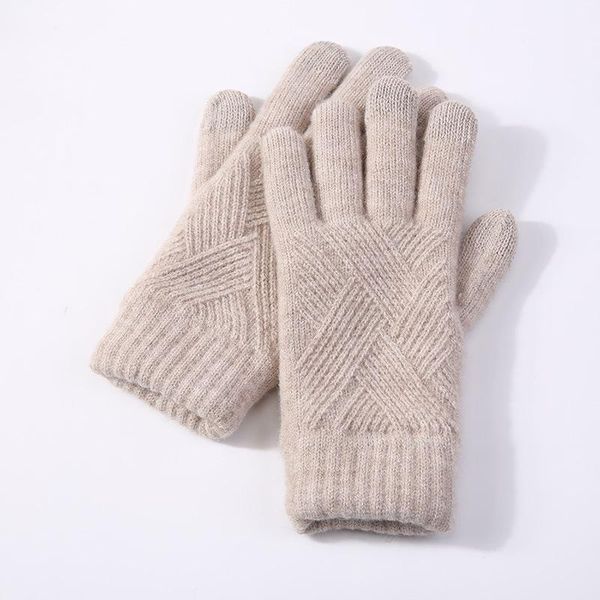 

women winter warm knitted full finger gloves female solid woolen touch screen mittens girls thick warm cycling driving gloves, Blue;gray