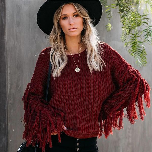 

women clothing 20aw fashion women sweater casual solid tassel long sleeve o neck loose sweater street style, White;black