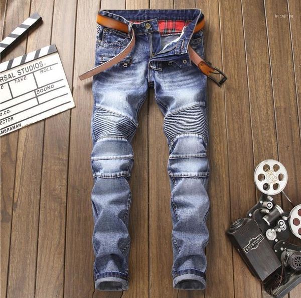 

biker blue motorcycle men's slim jeans casual denim cargo pants fashion ripped man paris straight fit #0031