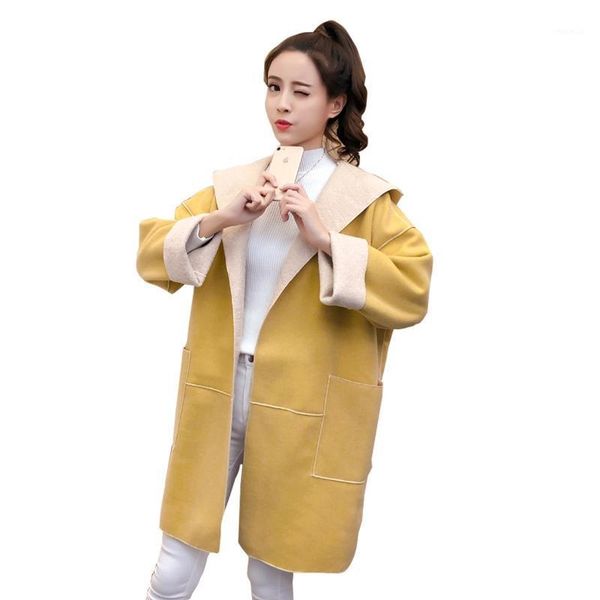 

women long sleeves hooded double-sided woolen coat korean solid color overcoat e56b1, Black