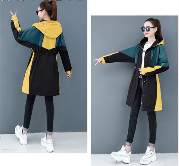 

2020 new spring autumn long trench coat women's loose color matching hooded windbreaker female outerwear plus size clothes, Tan;black