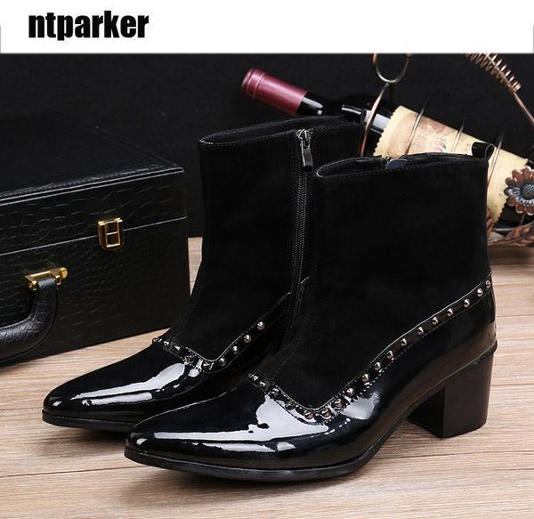 

big size western style men short boots black leather boots men pointed toe height increased for men, eu38-46