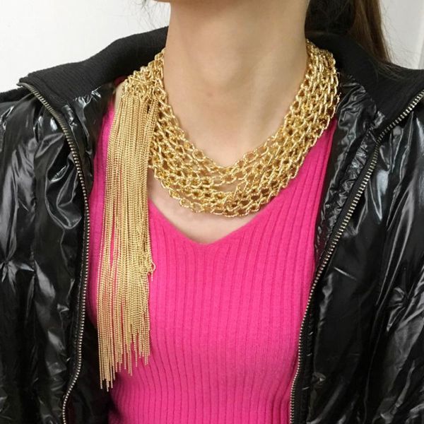 

gold color chain long tassels necklaces for women multilayers metal choker statement pendants necklaces trendy ukmoc, Golden;silver