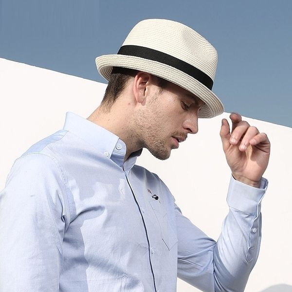 

new men's sunshade hat straw sunshade cap male leisure straw panama cap paper grass summer jazz cap adjustable b-8615 t200602, Blue;gray
