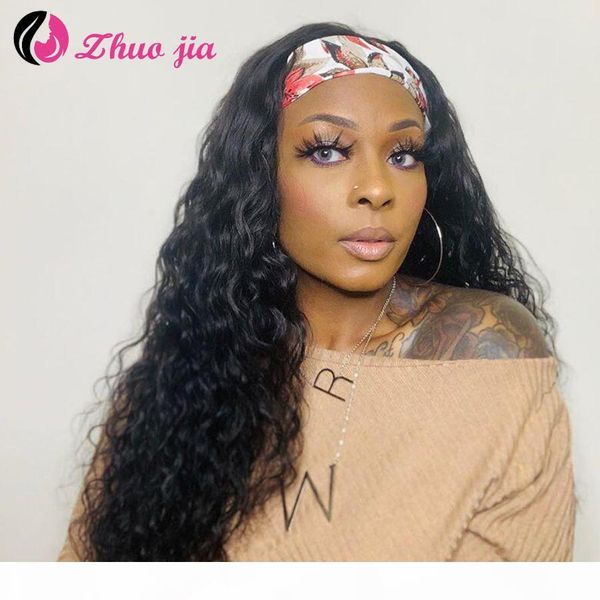 

zhuo jia brazilian water wave headband wigs for black women curly human hair wigs glueless full machine made wig with headband, Black;brown