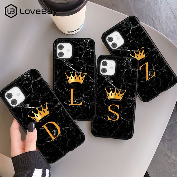 

initial letter a z crown phone case for iphone 11 12 mini pro x xr xs max 8 7 plus se 2020 marble texture couples soft tpu cover